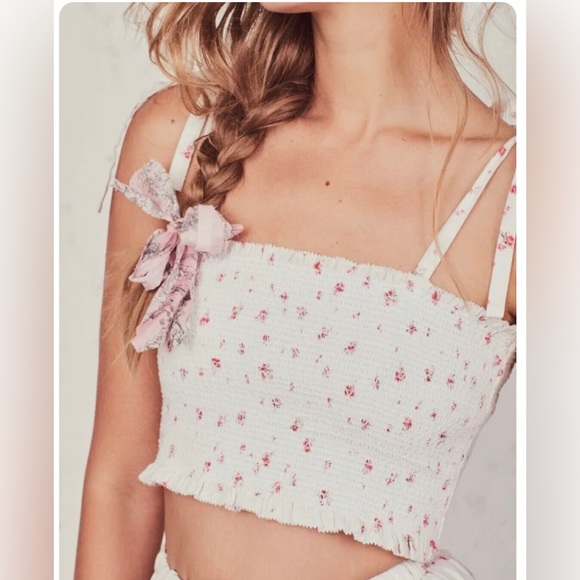 LoveShackFancy Tops - LoveShackFancy Smocked Floral Crop Top Printed Tie White - Size Small